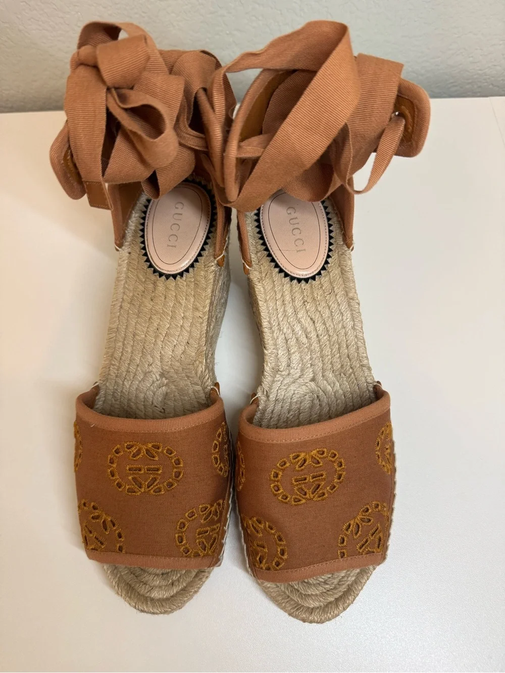 Gucci Brown Embroidered Espadrille Wedge Sandals with Ankle Wraps